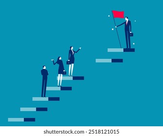 Skill gap, employee difficulty or difference knowledge, competence or career problem, talent obstacle or opportunity challenge concept, business people climb up stair to find sill gap to reach goal.