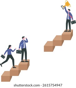 Skill gap, employee difficulty or difference knowledge, competence or career problem, talent obstacle or opportunity challenge concept, business people climb up stair to find sill gap to reach goal.

