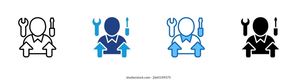 Skill Growth Multi Style Icon Vector Design - Person with tools and upward arrows, symbolizing skill development and improvement