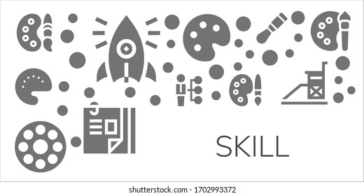 skill icon set. 11 filled skill icons. Included Paint palette, Initiative, Palette, Skills, Bobbin, Curriculum vitae, Chisel, Vigilance, Color palette icons