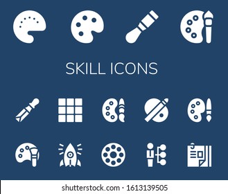 skill icon set. 14 filled skill icons.  Simple modern icons such as: Palette, Chisel, Color palette, Initiative, Bobbin, Paint palette, Skills, Curriculum vitae