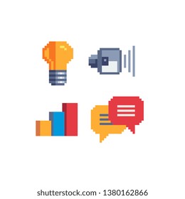 Skill icons set, growth chart, lamp, book, speaker, message, training, idea. Design for mobile app, logo, sticker and web. Isolated pixel art vector illustration.