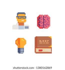 Skill icons set, teacher, brain, lamp, book, training and education. Design for mobile app, logo, sticker and web. Isolated pixel art vector illustration.