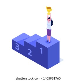 Skill level, education level and staff. The path to success isometric consept. Vector illustration.