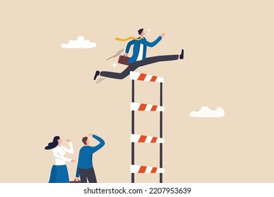 Skill level or experience to overcome challenge and succeed, personal development or improvement, professional or expert level concept, confidence businessman jump across highest level of hurdles. - Shutterstock ID 2207953639