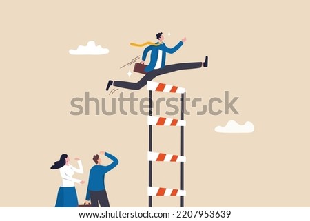 Skill level or experience to overcome challenge and succeed, personal development or improvement, professional or expert level concept, confidence businessman jump across highest level of hurdles.