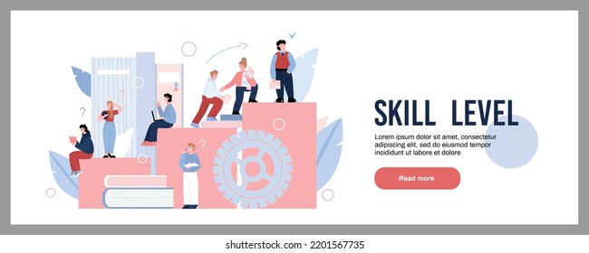 Skill level growth concept for website banner cartoon flat vector illustration. Leveling up in career and professional skills improvement webpage mockup.