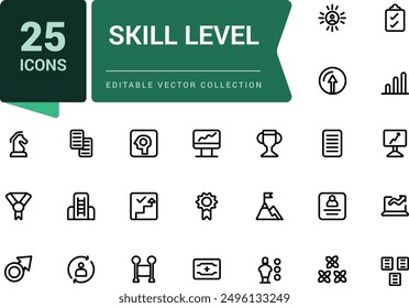 Skill level icon set. Related to expert, success. Minimal outline icons pack. Editable vector line icon set and illustration for web and UI application.