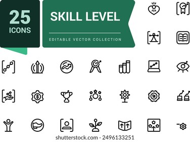 Skill level icon set. Related to expert, success. Minimal outline icons pack. Editable vector line icon set and illustration for web and UI application.