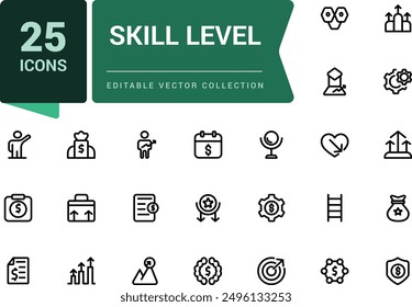 Skill level icon set. Related to expert, success. Minimal outline icons pack. Editable vector line icon set and illustration for web and UI application.