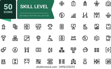 Skill level icon set. Related to expert, success. Minimal outline icons pack. Editable vector line icon set and illustration for web and UI application.