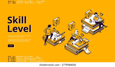 Skill level isometric landing page. Professional education and knowledge concept with tiny characters sitting on huge book piles using gadgets for reading and studying. 3d vector line art banner