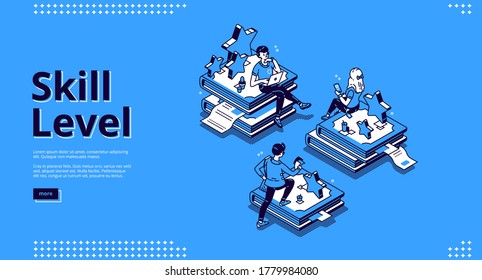 Skill level isometric landing page. Professional education and knowledge concept with tiny characters sitting on huge book piles using gadgets for reading and studying. 3d vector line art banner