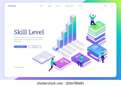 Skill level isometric landing page. Tiny characters sitting on huge books reading and studying, upgrade skills from beginner to expert, Professional education, knowledge concept, 3d vector web banner