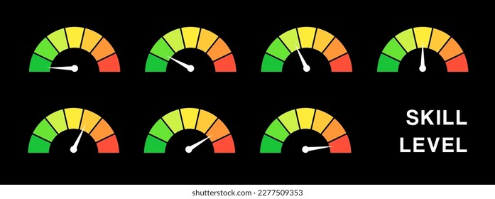 Skill level meter set. Skill level difficulty gauges for your project. Isolated vector illustration set.