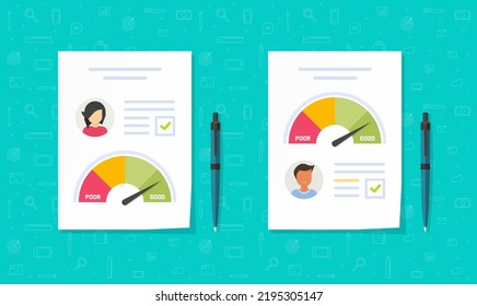 Skill level score personal in cv resume application from document vector icon for man and woman person flat cartoon design graphic illustration, candidate capability expertise profile data information