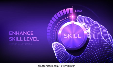 Skill levels knob button. Increasing Skills Level. Wireframe hand turning a skill test knob to the maximum position. Concept of professional or educational knowledge. Vector illustration.