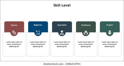 Skill Levels - Novice, Beginner, Specialist, Proficient, Expert. Infographic template with icons and description placeholder