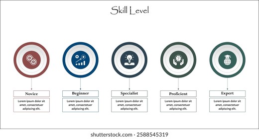 Skill Levels - Novice, Beginner, Specialist, Proficient, Expert. Infographic template with icons and description placeholder