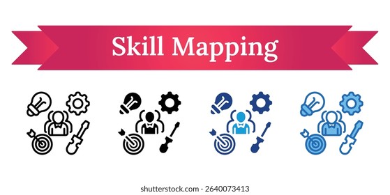 Skill Mapping Multi Style - Human head with various symbols including gear, key, lightbulb, and target indicating learning or personal development