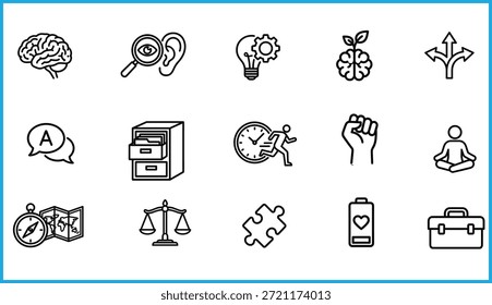 Skill and mindset icon set, brain, communication, time management, mindfulness, innovation, empowerment, organization