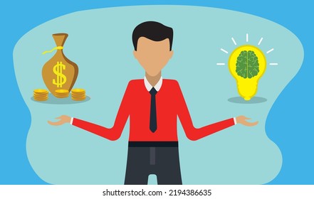 Skill and money make or control decision concept, business man hold skill and money choose your decision vector illustration