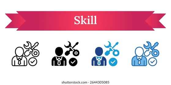 Skill - Multi Style - Person with wrench, gear, and checkmark, representing certified technical or manual skills