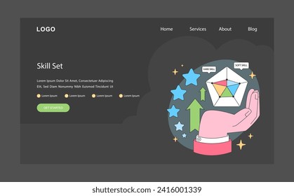 Skill set dark or night mode web, landing. Multiple soft and hard skills for career versatility. Strategic development of personal and professional competencies. Flat vector illustration.