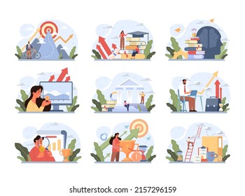 Skill up set. Increasing of business or professional abilities. Knowledge gaining as a way to success. Digital training and distance learning. Flat vector illustration