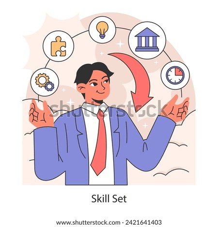 Skill set. A professional juggles multiple skills for career versatility. Strategic development of personal and professional competencies. Flat vector illustration.
