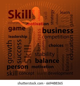 Skill and skills concept. Vector illustration for your design. Text on an orange background with a girl silhouette.
