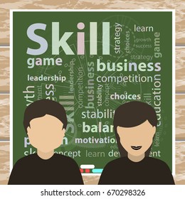 Skill and skills concept. Vector illustration for your design. Text chalk on a blackboard. Girl student and guy next to the chalkboard