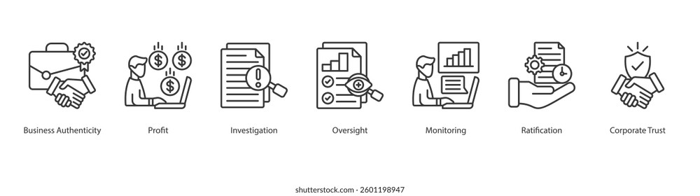 Skill Validation icon sheet style line vector business authenticity, profit, investigation, oversight, monitoring, ratification, corporate trust