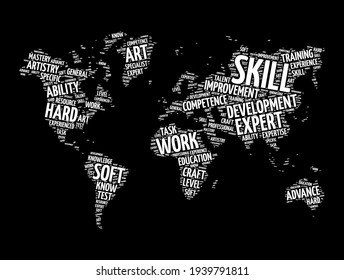 Skill word cloud in shape of world map, education concept background