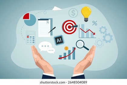 Habilidade, experiência de trabalho ou desenvolvimento de habilidade, experiência de sucesso, liderança ou comunicação para o sucesso, habilidades de aprendizagem, conceito de sabedoria, homem de negócios mão segurar múltiplas habilidades definido para alcançar o sucesso.