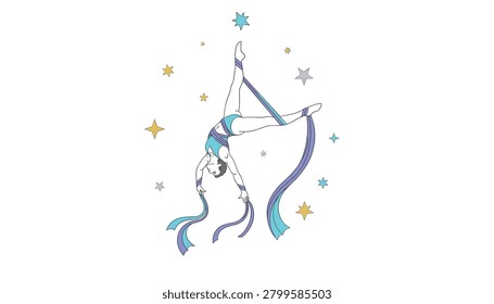Skilled aerial acrobat performing an inverted pose on hanging silk ribbons, decorated with sparkling stars to emphasize grace, strength, and artistic circus performance in a vertical.