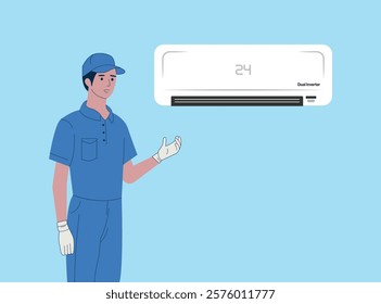 Skilled air conditioning technician in a blue uniform working on modern AC, emphasizing professional HVAC maintenance and repair for efficient cooling solutions.