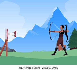 Skilled archer in action. Vector illustration of a focused warrior woman with a drawn bow and arrow, aiming at targets in a mountainous terrain.