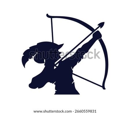 skilled archer drawing a bow and aiming an arrow towards a circular target. Silhouette archery athlete bow aiming, archer silhouette vector with white background and logo archery