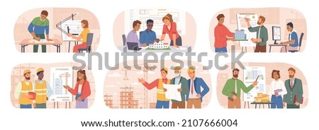 Skilled architects and engineers working on planning, projects of buildings and models. Presentation for team, woman with paper miniature of facade. Using application for sketches. Vector in flat