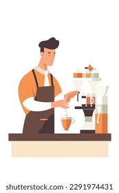 skilled barista is making pour over coffee with great focus and concentration