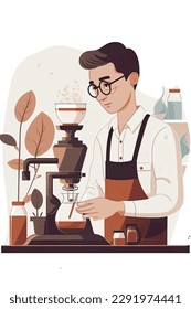 skilled barista is making pour over coffee with great focus and concentration