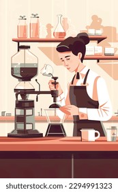skilled barista is making pour over coffee with great focus and concentration