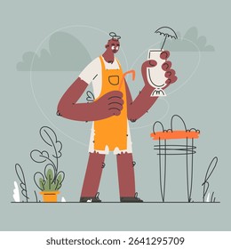 A skilled bartender, adorned in an apron, meticulously crafts a tropical cocktail. With an orange straw and an umbrella, it is a delicious drink.