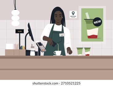 Un hábil barman prepara una bebida matcha fresca en una elegante tienda, los Clientes esperan ansiosos sus pedidos, rodeados de una decoración moderna y un ambiente animado