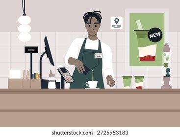 Ein erfahrener Barkeeper bereitet ein frisches Matcha-Getränk in einem stilvollen Geschäft zu, Kunden warten gespannt auf ihre Bestellungen, umgeben von moderner Dekoration und einer lebendigen Atmosphäre