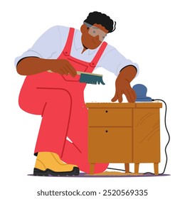 Skilled Carpenter Is Carefully Sanding And Polishing A Wooden Cabinet. Cartoon Artisan Wearing Protective Gear, Focuses On Craftsmanship And Precision. Image Depicts Art Of Woodworking And Carpentry