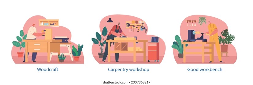 Skilled Carpenter Characters Craft Woodwork In A Workshop Isolated Elements. Masters Using Workbench, Various Tools