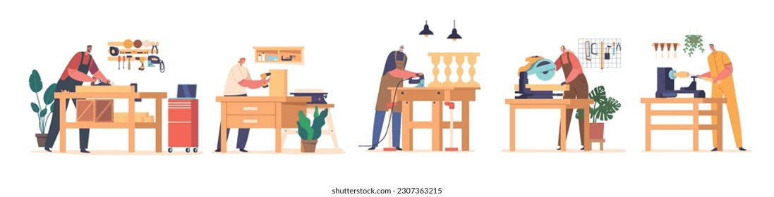 Skilled Carpenter Characters Work In Workshop Crafting And Shaping Wood With Tools. Creating Custom Furniture