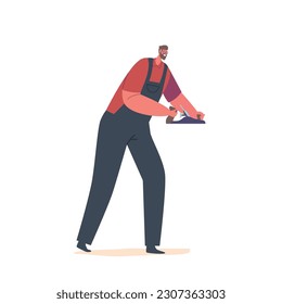 Skilled Carpenter Male Character Working With A Plane Tool, Shaping And Smoothing Wood, Polishing Wooden Surfaces